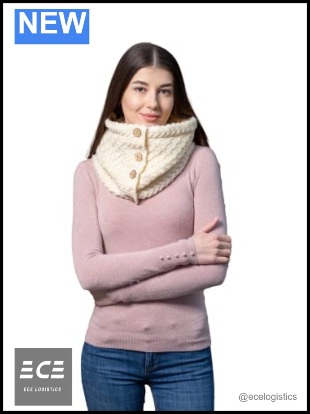 Merino Wool Cable Knit Snood Scarf Button Closure Made in Ireland